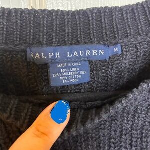 Ralph Lauren Blue Label Luxe Linen Mulberry Silk Cable Knit Black Sweater Size M
